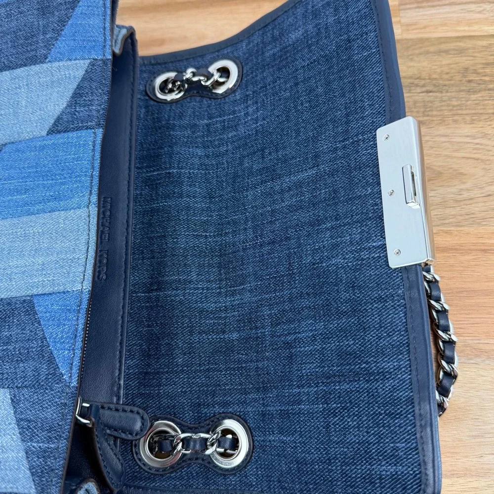 Michael Kors Sloan Denim Patchwork Shoulder Bag Blue Silver Chain Crossbody